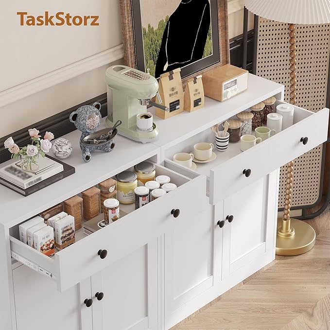Metal Storage Cabinet with 2 Doors and 1 Drawer，Farmhouse Buffet Cabinet with Storage，32.3" H Coffee Bar Cabinet with Storage for Kitchen, Dining Room, Living Room, White