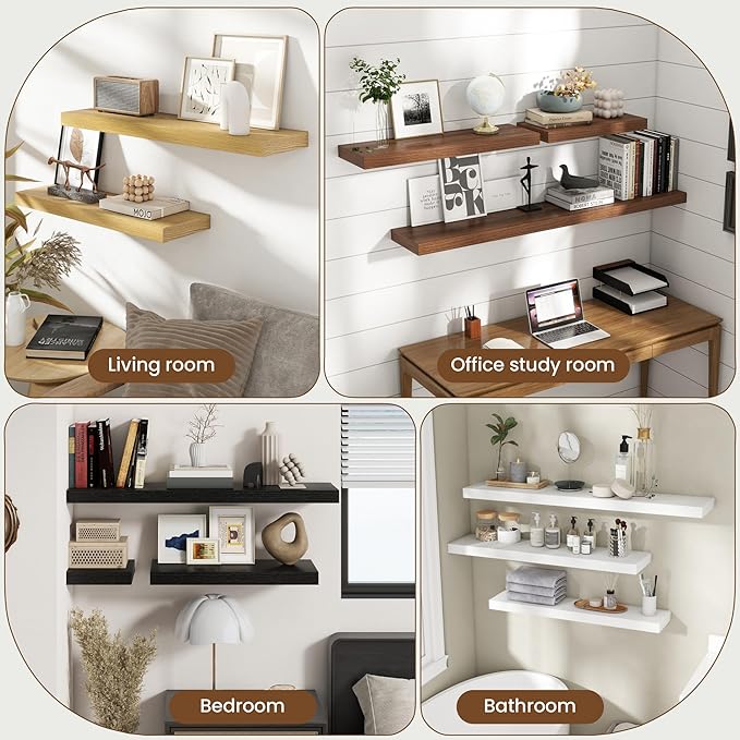 40 Inch Floating Shelves for Wall, 8 Inch Deep Floating Shelf for Storage & Display, Rustic Wall Mounted Shelf with Invisible Brackets for Living Room, Kitchen, Bathroom, Home Decor, Set of 2, Walnut
