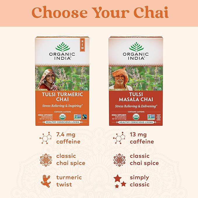 Organic India Tulsi Turmeric Chai Tea - Herbal Tea Bags with Caffeine, Ginger Root, Cinnamon, Holy Basil, Stress Relieving and Energizing, Immune Support, Helps Digestion - 18 Count, Pack of 6