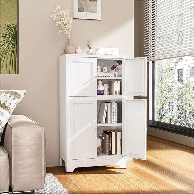 Metal Bathroom Storage Cabinet, Freestanding Pantry Floor Cabinet with 4 Doors and 2 Adjustable Shelves for Living Room, Dining Room, Kitchen (White, 43.3" H-4 Doors)