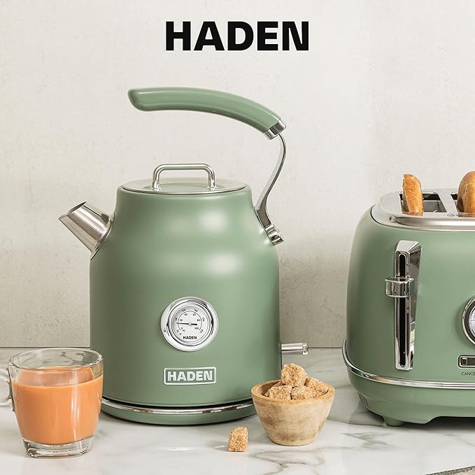 Haden Dorset 1.7 Liter Stainless Steel Electric Kettle, Hot Water Kettle with 360-Degree Base and Auto Shutoff, Cedar Green & Chrome