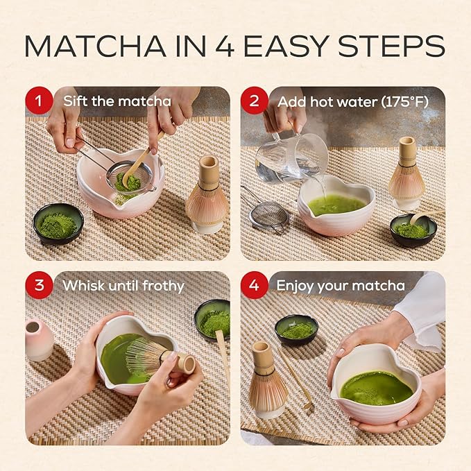 Rehny’s Matcha Whisk Set | Complete Matcha Set w/Heart-Shaped Bowl, Bamboo Whisk, Holder, Stainless Steel Sifter, Bamboo Scoop | Christmas Gift Present Macha Kit Handmade Bowl | Macha Powder Tea Kit