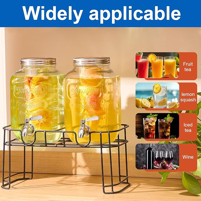 1 Gallon Glass Drink Dispensers for Parties, 2PACK Beverage Dispenser with Stand, Fruit Infuser and Stainless Steel Spigot 100% Leakproof, Beverage Dispenser for Lemonade Sun Tea