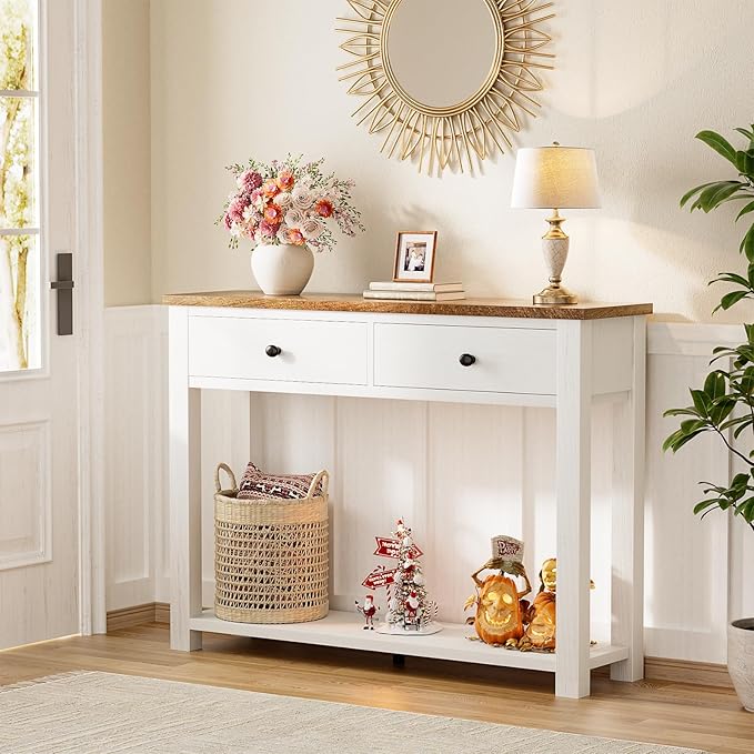 Homieasy Farmhouse Console Table with 2 Drawers, 32 Inch Small Sofa Table with Storage Shelf for Living Room, Behind Couch, Entryway Table for Hallway, Living Room, or Foyer, Brown and Antique White