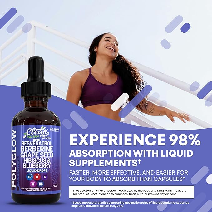 Clean Nutra Resveratrol Liquid Drops with Berberine, Grape Seed Extract, Hibiscus, and Blueberry – 120ml All-in-One Polyphenol Supplement – Natural Fruit Punch Flavor, Vegan Friendly