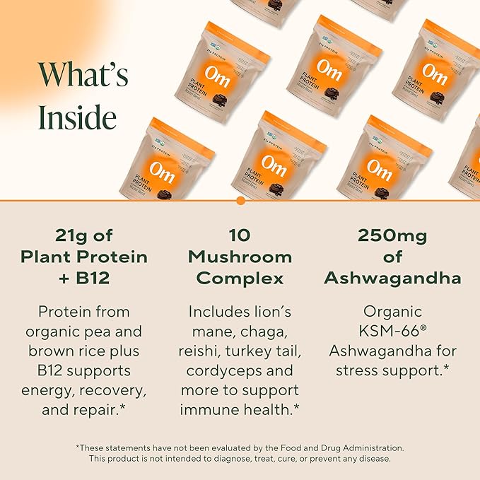 OM MUSHROOM SUPERFOOD Master Blend Vegan Protein – Organic Chocolate Plant Protein with 10 Mushrooms, Ashwagandha, BCAAs & B12 – Energy, Recovery & Immune Support – 1.2 lb (16 Servings)