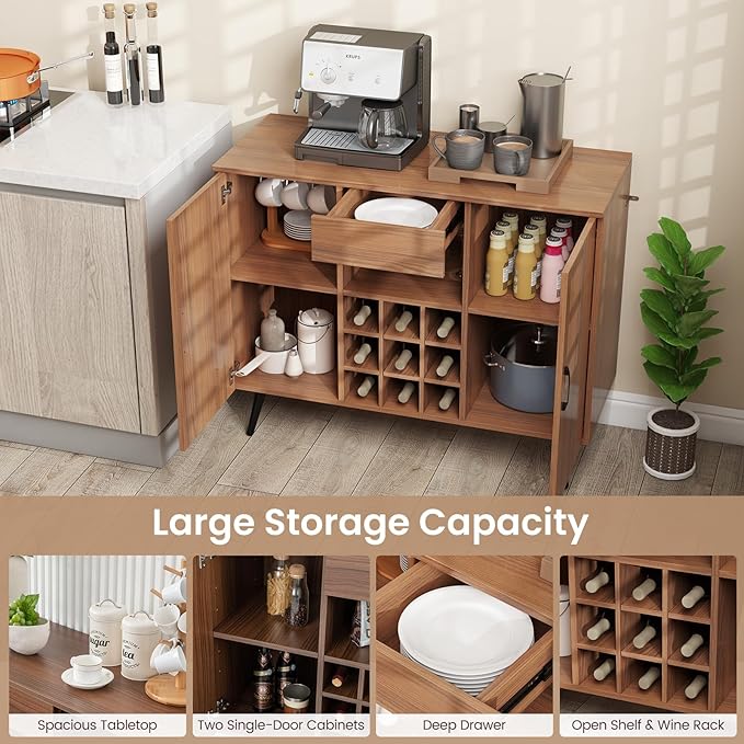 Buffet Cabinet with Storage, Sideboard Cabinet with Drawer & Removable Wine Rack, Kitchen Storage Cabinet with Doors and Shelves, Bar Cabinet for Kitchen, Dining Living Room, Entryway, Walnut