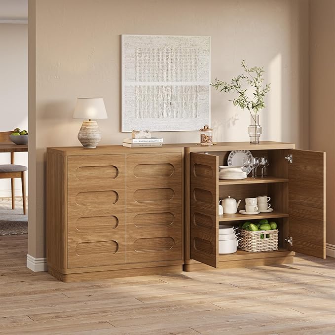 Buffet Cabinet with Storage, Arc Accent Sideboard with 2 Doors and Adjustable Shelves, Large Console Table for Dining Room, Kitchen, Living Room, Oakbrown