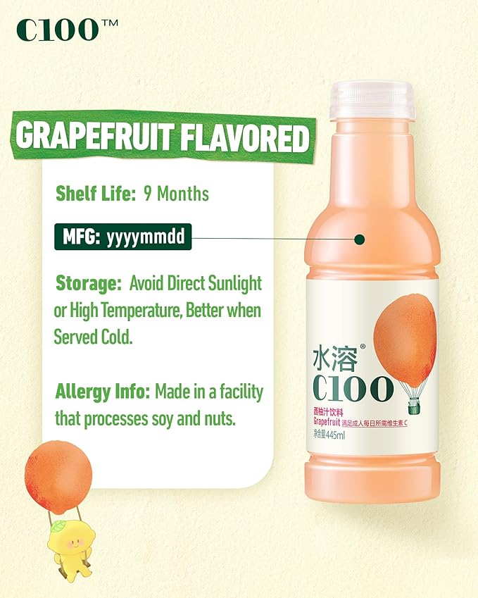 C100 Grapefruit Flavored Composite Juice Drink，100mg Vitamin C Per Bottle, 12% Real Fruit Juice, -15 fl oz, 445mL, 15 Pack