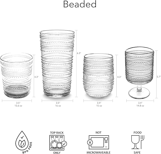 Beaded Double Old Fashioned Drinkware, Indoor/Outdoor, Sea Green, 15.6 oz., Set of 6
