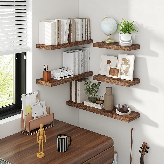 72 Inch Floating Shelves, 8 Inch Deep Floating Shelves for Wall, Hanging Shelf with Invisible Brackets, Deep Shelves for Bathroom, Bedroom, Living Room, Brown, Set of 1