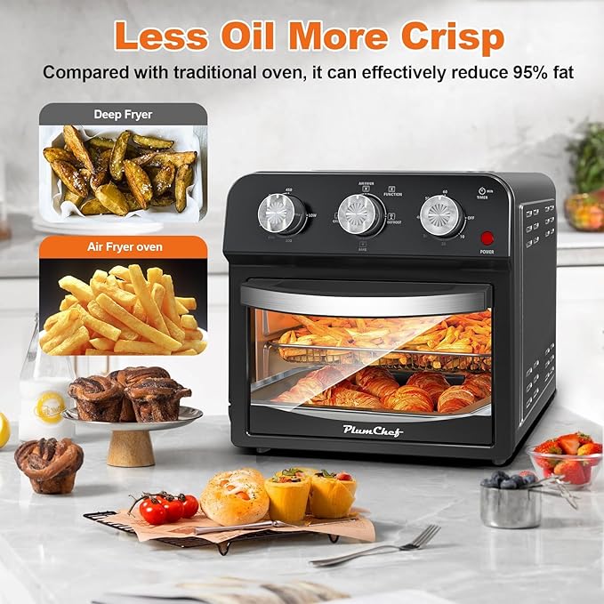 PlumChef 13 Quart 4 Slices Air Fryer Convection Toaster Oven, 1500W, Multifunction Oven for Air Fryer, Gril, Defrost, Bake, Time and Temperature Controls(Black)