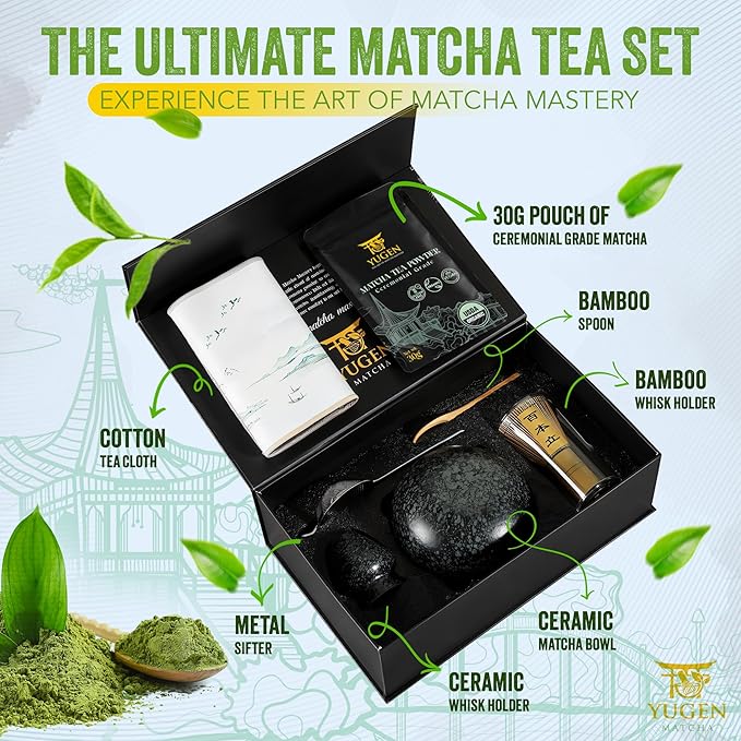 7 Piece Matcha Whisk Set, Includes 30g Ceremonial Grade Matcha Powder, Metal Sifter, Bamboo Whisk, Whisk Holder, Bamboo Spoon, Tea Cloth, Matcha Bowl, Tea Set, Ceremony Set