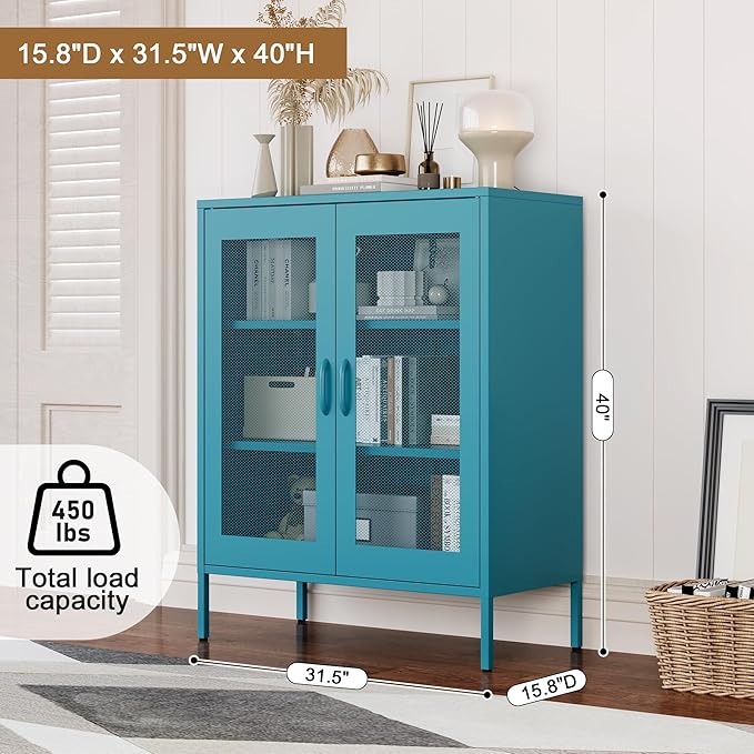 Metal Locker Storage Cabinet with 2 Mesh Doors and Adjustable Shelves,Blue Metal Locker Cabinets,Coffee Bar Cabinet,Kitchen Pantry Storage Cabinets for Home,Sideboard,Office(40" H)