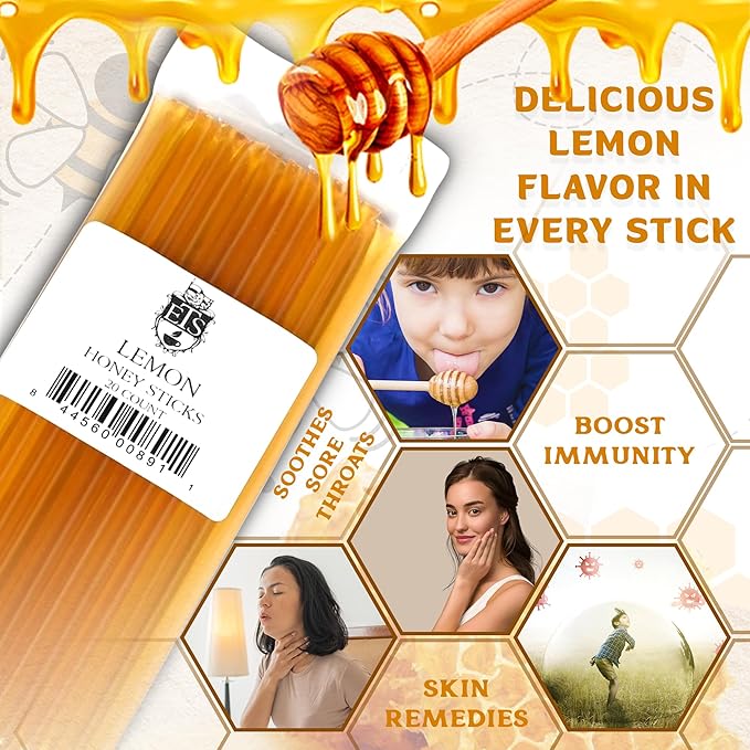English Tea Store All-Natural Honeystix With Gluten-Free Grade A Honey | Mini Honey Sticks For Tea, Cake Pops Or Snacks | Portable Sweet Treat | Lemon Flavored Honey Sticks - 20 Count