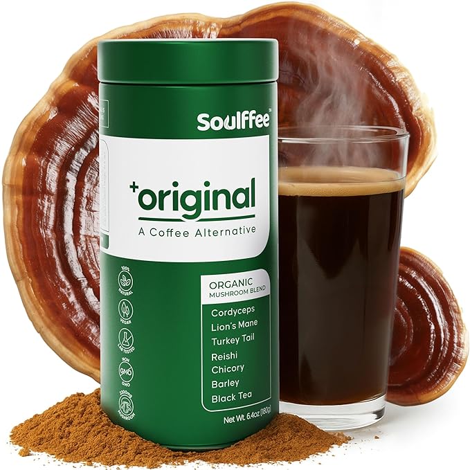 Mushroom Coffee Alternative with Lion’s Mane, Reishi, Chaga, Cordyceps & Turkey Tail, Natural Energy & Focus Drink with 2,200 mg Functional Mushrooms, Vegan Barley & Chicory Blend, Coffee-Like Experience