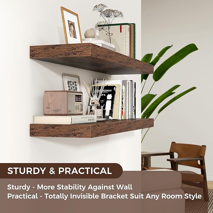 Floating Shelves for Wall, Engineered Wood Wall Shelves with Invisible Brackets for Living Room Bedroom Bathroom Office Kitchen Decor and Storage (Brown, 36" W x 9" D x 1.5" H) Set of 2