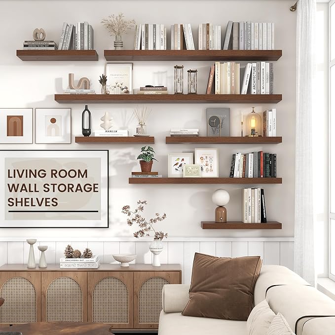 Floating Shelves for Wall, Engineered Wood Wall Shelves with Invisible Brackets for Living Room Bedroom Bathroom Office Kitchen Decor and Storage (Walnut, 48" W x 9" D x 1.5" H) Set of 2