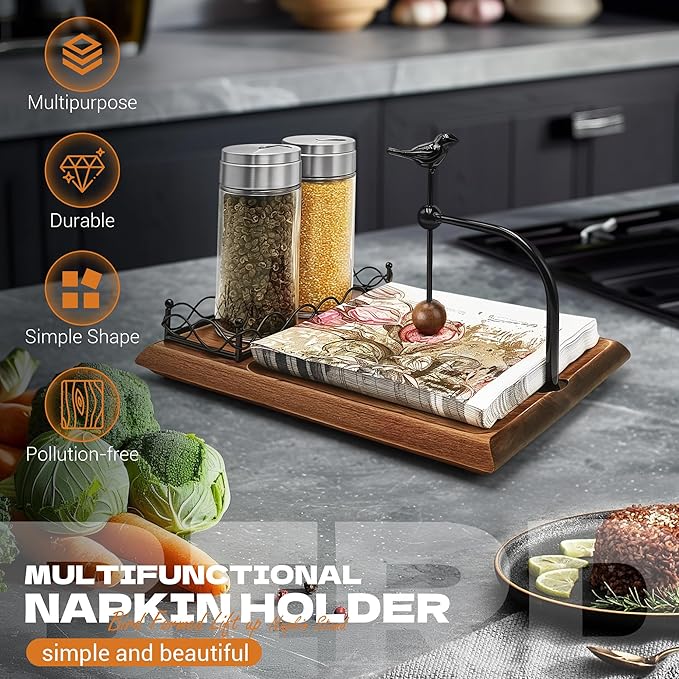 Elegant Flat Wooden Napkin Holder with Bird Design, Multifunctional Napkin Holder for Table, Kitchen, Outdoor Use Walnut Brown Wood Base Includes Space for Salt and Pepper Shakers