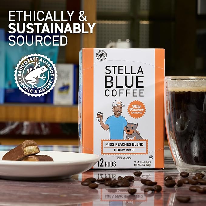 Stella Blue Coffee Pods, Miss Peaches Blend, Medium Roast Citrus Caramel, Fruity Notes 100% Arabica Beans, Ethically Sourced from Central and South America, 12 Recyclable K Cup Compatible Pods