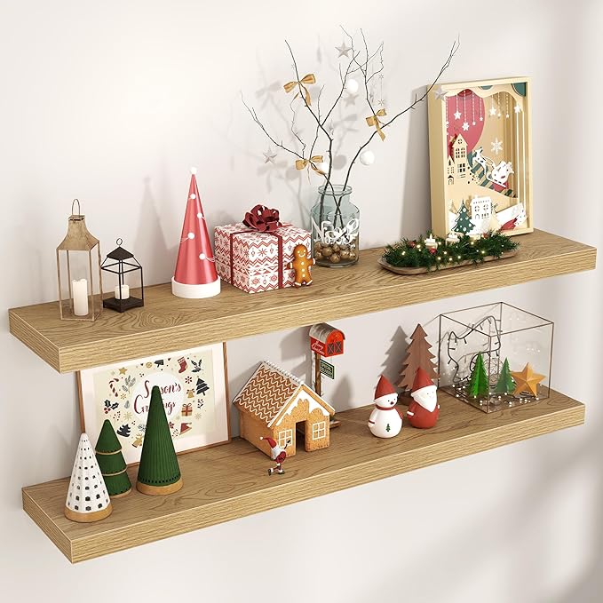 Floating Shelves for Wall, Engineered Wood Wall Shelves with Invisible Brackets for Living Room Bedroom Bathroom Office Kitchen Decor and Storage (Oak, 48" W x 9" D x 1.5" H) Set of 2