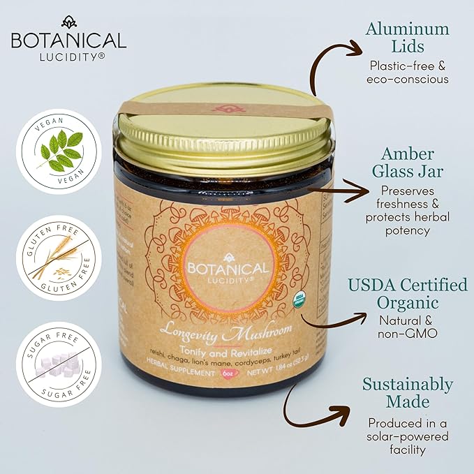 Botanical Lucidity Reishi Mushroom Tea Blend Stocking Stuffers 1.84Oz | Herbal Drink with Reishi, Chaga, Cordyceps, Lion’s Mane, Turkey Tail | Herbal Tea with Cacao for Focus Serve hot, Iced