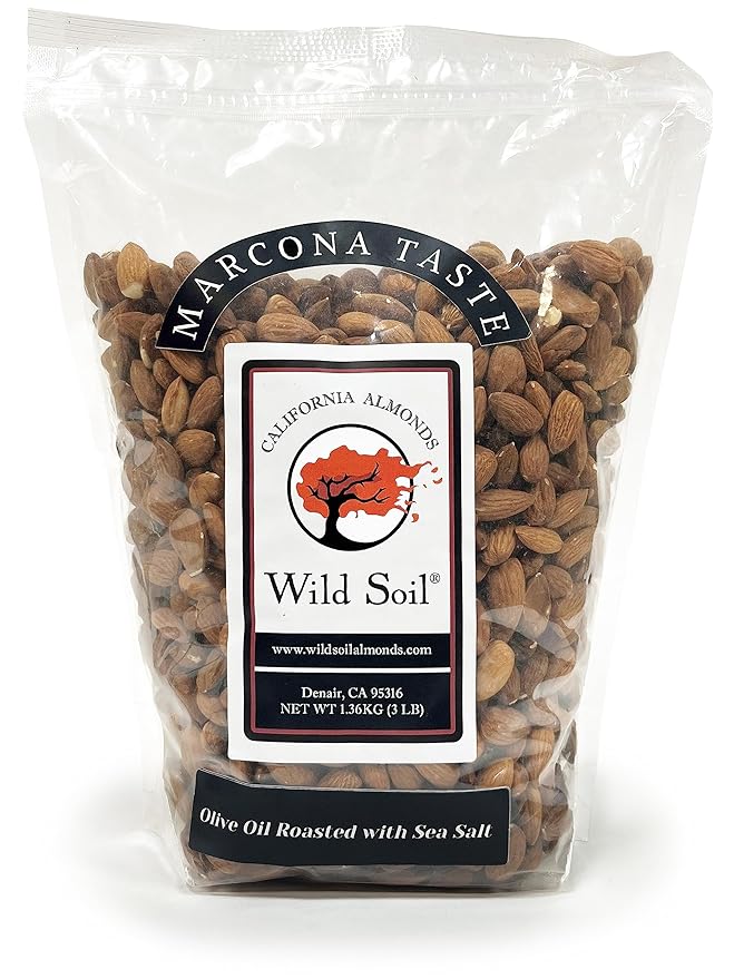 Wild Soil Terra Preta Almonds - Higher Protein and Higher Vitamin E Than Other Almonds, Marcona Like Taste, Olive Oil Roasted with Sea Salt, Beyond Organic: Eco Farmed with Proprietary Root Technology