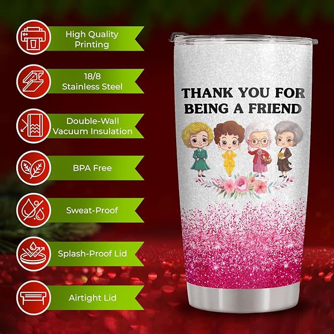34HD Golden Tumbler 20oz – Thank You for Being a Friend – Double Wall Vacuum Insulated Stainless Steel Cup – Keeps Drinks Hot or Cold – Glitter Travel Mug Gift for Women & Friends