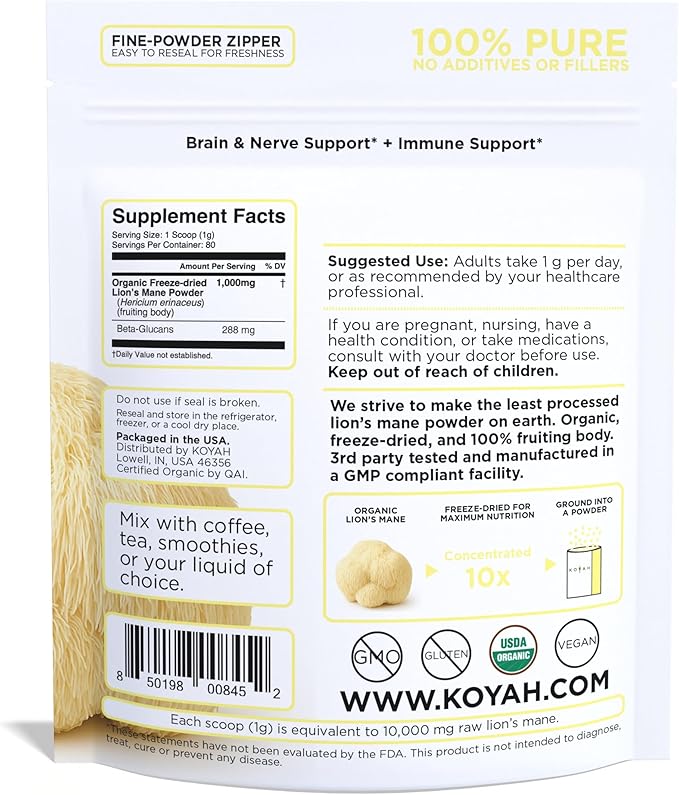 KOYAH - Organic USA Lion's Mane Mushroom Powder - 80 Servings - 100% Fruiting Body, Freeze-Dried, 3rd Party Tested for Beta-Glucans, Non-GMO, Vegan. Brain & Nerve Support. Immune Support.