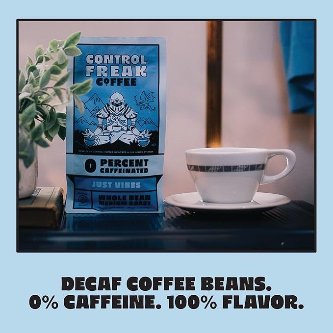 Control Freak Decaf Coffee Just Vibes, 0% Caffeine Whole Bean Coffee (32 Oz) – Fresh Sugarcane Processed Coffee Beans, Chemical-Free Decaffeination, Calm Energy, Full Flavor, No Buzz