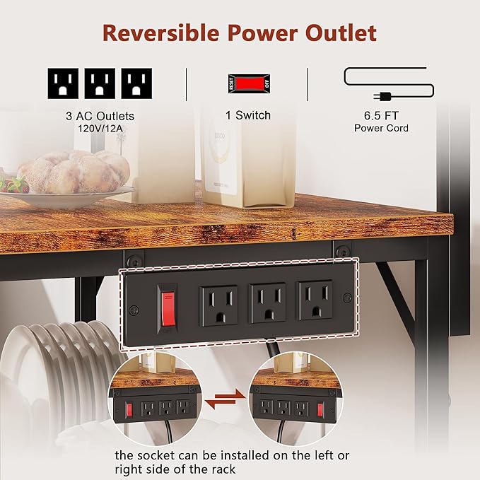 Furologee Kitchen Bakers Rack with Power Outlet,Coffee Stand with Storage 4 Tiers,Coffee Bar Station with a 31.5 Inch Larger Desktop and 8 S Hooks,Kitchen Microwave Rack for Spices,Pots,Rustic Brown