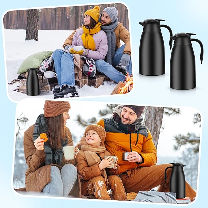 2 Pcs 51 oz Thermal Coffee Carafe for Keeping Hot Insulated Stainless Steel Vacuum Thermal Pot Flask Double Walled Vacuum Coffee Carafe for Beverage Water Tea, 12 Hot 24 Hours Cold(Black)