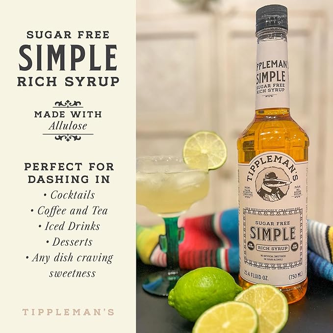 Tippleman's Sugar Free Simple Syrup - Zero-Sugar Allulose Skinny Sweetener - Perfect for Drinks, Cocktails, Coffee, Espresso - Fits Pump - 750ml