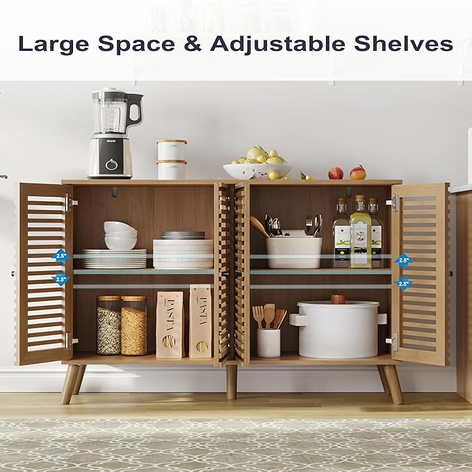 47" W Buffet Cabinet with 4 Slatted Doors, Mid-Century Buffet Sideboard with Shelves, Accent Storage Cabinets Cupboard Console for Living Room Kitchen Hallway, Oak