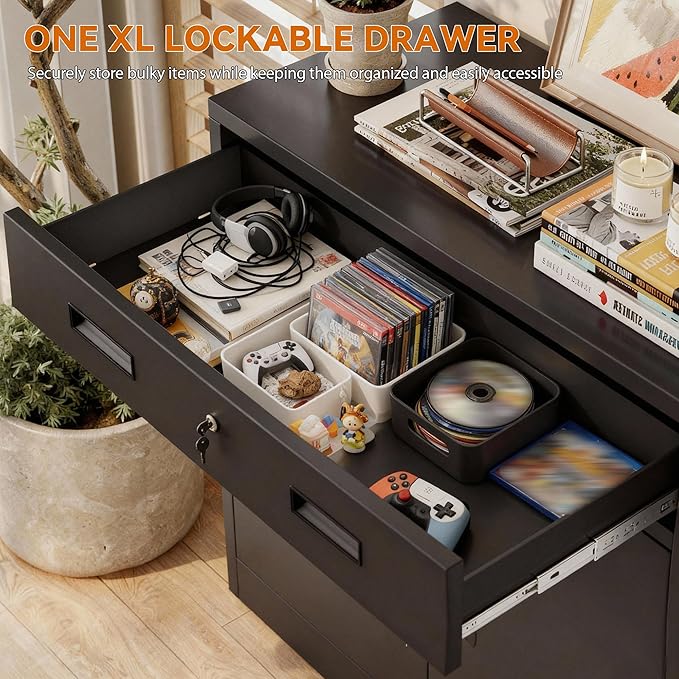 BESFUR 36" H Metal Cabinet with Lockable Drawer and 2 Lockable Doors, Black Locking Cabinet with Adjustable Shelf, Lockable Storage Cabinet for Home Office, Garage,School, Warehouse, Utility Room