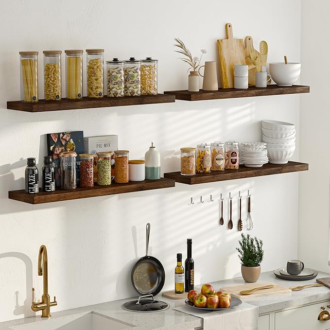 Fun Memories 48" Floating Shelves for Wall, Rustic Solid Elm Wood Floating Shelves - Invisible Bracket Mount, Extra Long Wall Mounted Shelf for Living Room, Bathroom, Bedroom, Kitchen, Walnut