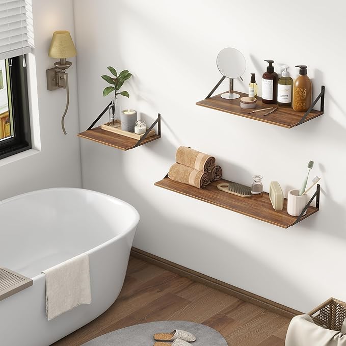 Walnut Floating Shelves Set of 2 - 16"W x 12"D Wide Display Ledges for Bedroom, Bathroom - 12 Deep Bookshelf Wall Mounted
