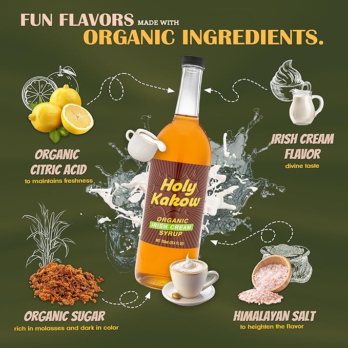 Holy Kakow Organic Irish Cream Syrup - Coffee Syrup, Liquid Sugar Coffee Flavoring Syrup, Cane Sugar Syrup, Liquid Sugar for Iced Coffee, Irish Cream Syrup for Coffee, All-Natural, Non-GMO - 750 ml