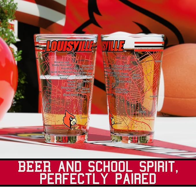 Greenline Goods – University of Louisville Cardinals College Pint Beer Glasses (Set of 2), 16 oz – Full-Color Logo + Campus Map