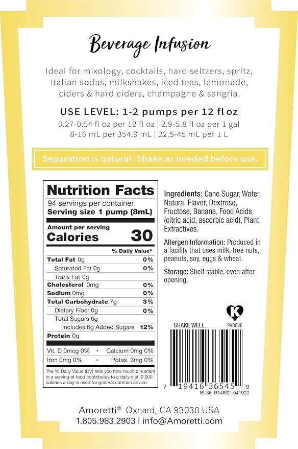 Amoretti - Spicy Banana Beverage Infusion, 94 Servings Per Bottle (750 ml) - Drink Mix & Water Enhancer with Pump for Flavoring Cocktails, Waters, Teas, and other Beverages, Preservative Free