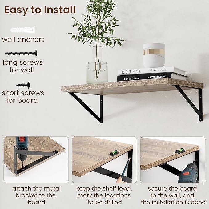 Axeman 12 Inch Deep Floating Shelves for Wall - 24 Inch Wide x 12 Inch Deep Wall Shelves Set of 2 - Rustic Grey Wood Floating Shelves for Living Room