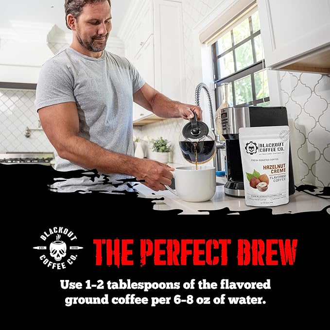 Blackout Coffee Hazelnut Creme Flavored Ground Coffee – Medium Roast, Smooth Taste, Guilt-Free Indulgence – Freshly Roasted 12oz Bag.