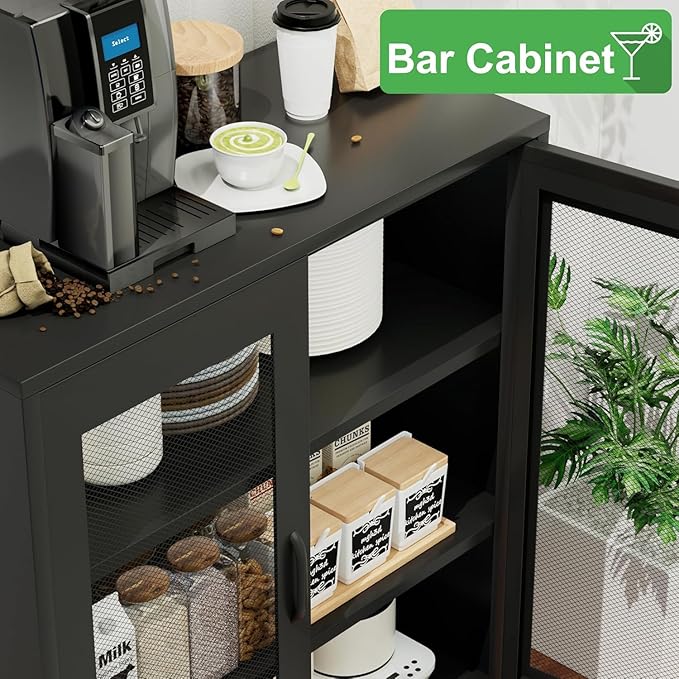 Black Metal Storage Cabinet,Metal Locker Storage Cabinet with 2 Mesh Doors and Adjustable Shelves,Kitchen Pantry Cabinets for Home,Sideboard,Living Room,Office(40" H)