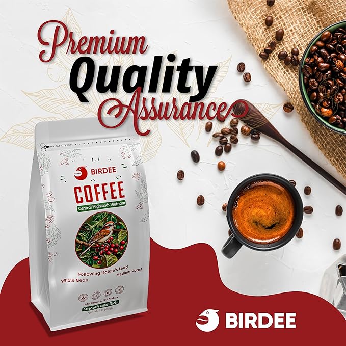 Birdee Vietnamese Coffee – 1 LB, Medium Roast Whole Bean, Arabica and Robusta, Hand-Picked, Resealable Bag, Smooth Flavor, Low Acid, High Caffeine, Single-Origin