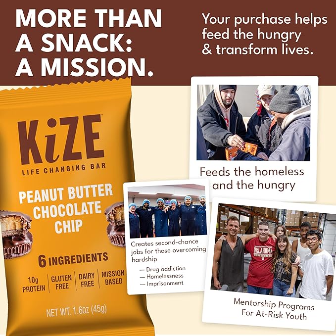 KiZE Energy Bars - Peanut Butter Chocolate Chip - Gluten Free, Dairy Free, Non-GMO, and High Protein Meal Replacement Energy Bars, Clean and Simple Food Ingredients - 10g High Protein Snacks, (10 Count)