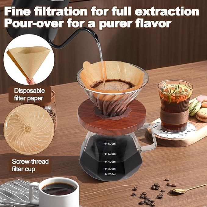 Pour Over Coffee Maker Set 600ml 20.3oz Portable with 100 Pcs Filter Paper Glass Coffee Maker High Borosilicate Glass Eagle Beak Spout Design Walnut Wood Base for Pour Over for Daily Brewing