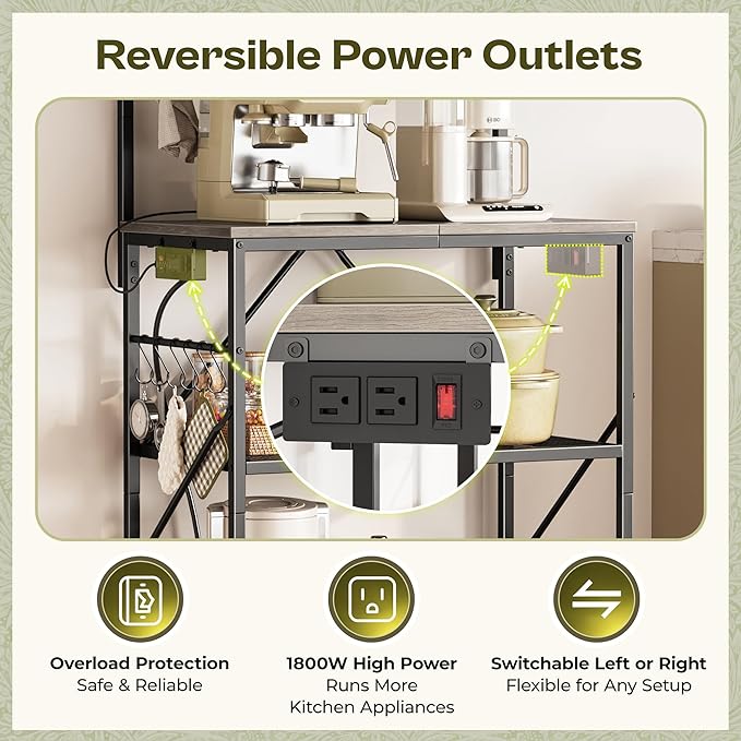 Huuger 4-Tier Bakers Rack with Reversible Power Outlet, 23.6 Inch Microwave Stand, Kitchen Coffee Bar, with Top Shelf, 6 S Hooks, Greige