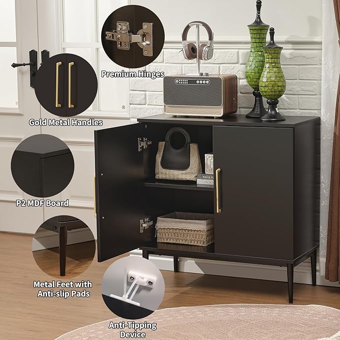 2-Door Storage Cabinet, Sideboard Buffet Kitchen Cabinet, Modern Stylish Accent Furniture for Dining Room, Bedroom, Hallway, Living Room, Coffee Bar, Corner, Black