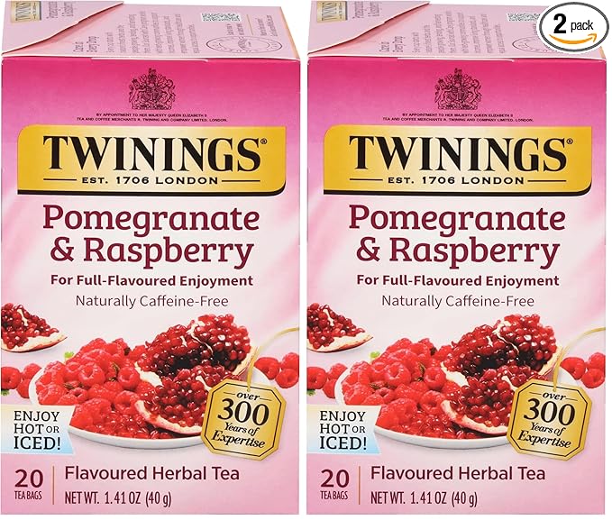 Twinings Pomegranate & Raspberry Herbal Tea Individually Wrapped Bags, 20 Count (Pack of 2), Naturally Caffeine-Free, Enjoy Hot or Iced, 20 Teabags
