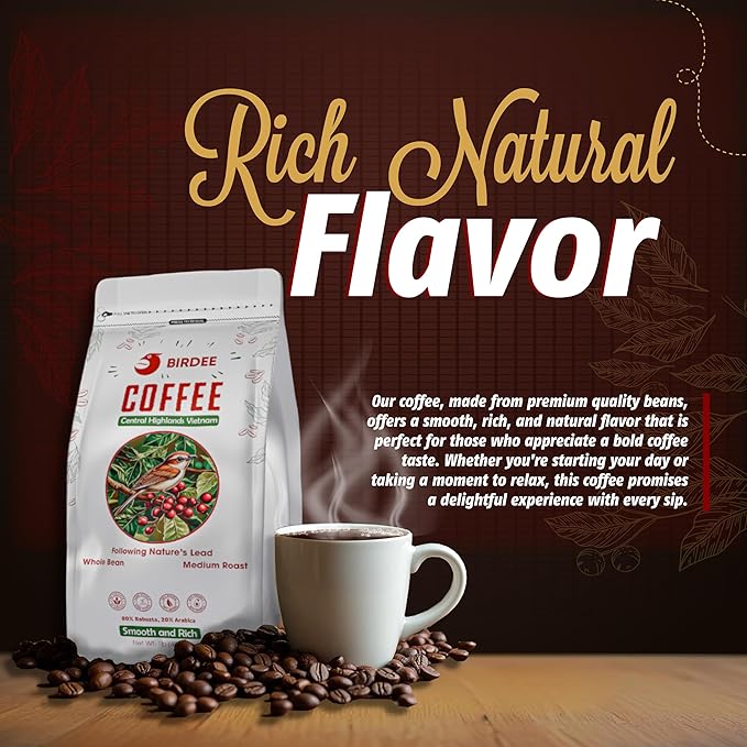 Birdee Vietnamese Coffee – 1 LB, Medium Roast Whole Bean, Arabica and Robusta, Hand-Picked, Resealable Bag, Smooth Flavor, Low Acid, High Caffeine, Single-Origin